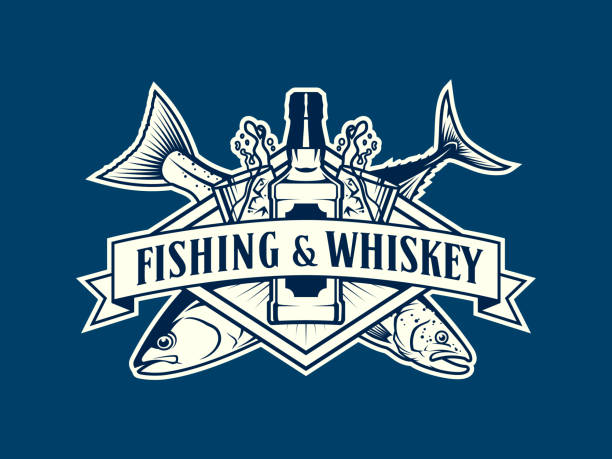 ilustrações de stock, clip art, desenhos animados e ícones de fishing and whiskey emblem with fish, whiskey bottle and glasses - drink on top of ice food