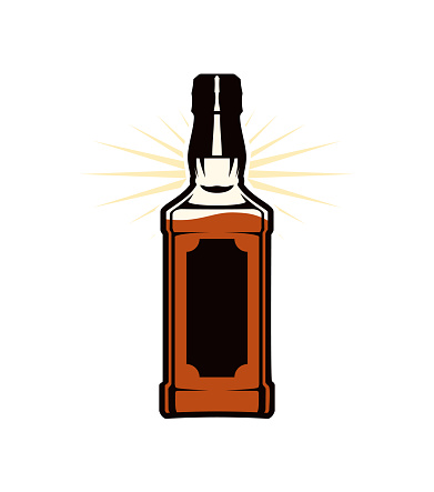 Shining bottle of whiskey, bourbon, brandy, cognac, rum, liquor, or other strong drink with label - vector icon illustration