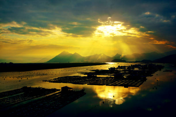 the beautiful huyuao village on the sea under the sunset light in the coastal intertidal zone of Xiapu county of Fujian province.