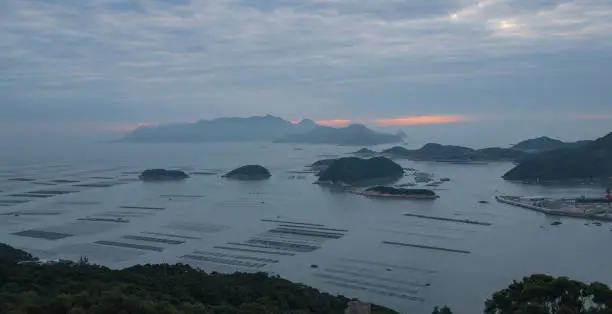 Sea farm at sunset, Xiapu, Fujian, China