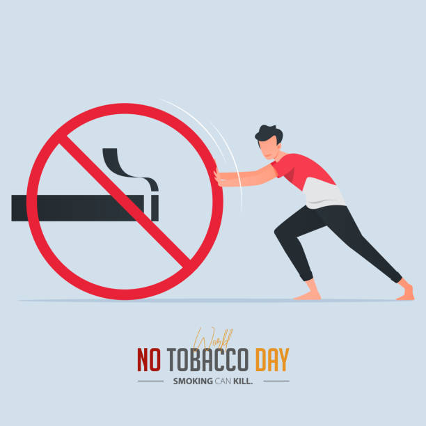 ilustraciones, imágenes clip art, dibujos animados e iconos de stock de diseño del cartel del 31 de mayo del día mundial sin tabaco. un hombre que empuja a dejar de fumar define a un hombre que lucha por dejar de fumar. no fumar bandera. vector de dibujos animados. - anti cancer