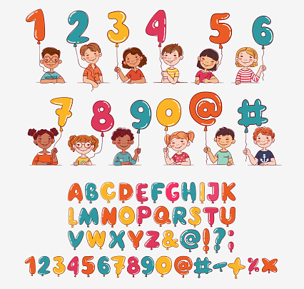 Funny kids with letter and number balloons. Vector cute boys and girls collection. Multi-ethnic group of happy children. Different cartoon faces icons. Balloon vector alphabet character set