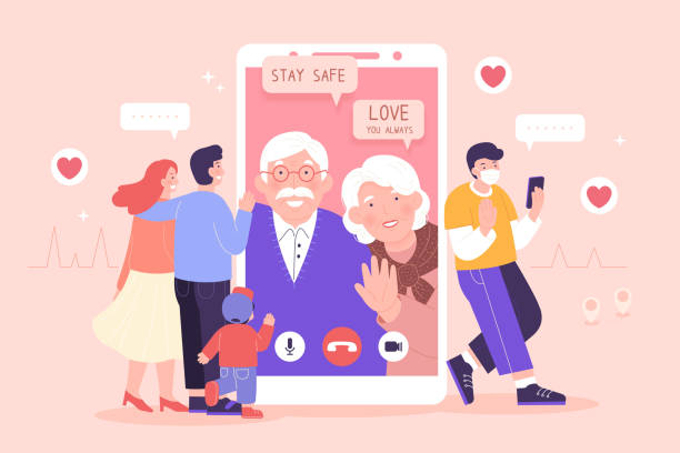 Online family reunion Young family having a video chat on smartphone with their grandparents and they both wishing the best for their loved ones family reunion stock illustrations