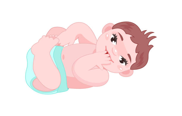 Little newborn baby. Happy baby lies in diapers, rejoices, smiles. Little cute newborn baby boy. Happy baby lies in diapers, rejoices, smiles. Pleasant facial expression, child is playing and lying on his back. Vector illustration. potty mouth stock illustrations