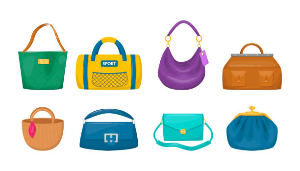 Lady accessories bag clutch, hobo, tablet, hippie, sling bag, sports, Women fashion colorful bags set. Lady accessories vintage bag clutch, hobo, tablet, hippie, sling bag, sports, backpack for shopping, resting, travel vector flat illustration clutch bag stock illustrations