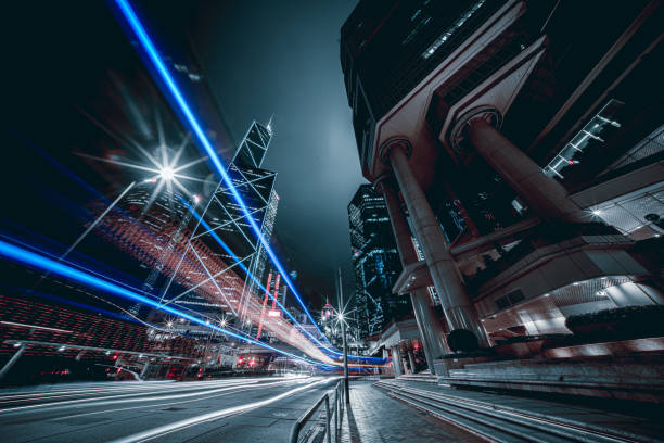 istock Illuminated Skyscrapers and light trails in Hong Kong 1223545790
