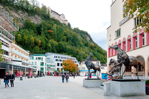 Vaduz, Liechtenstein - October 2019: Urban street views in downtown Vaduz, the capital city of Liechtenstein, a microstate situated in the Upper Rhine valley of the European Alps