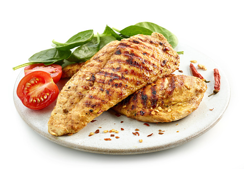 grilled chicken fillet on white plate isolated on white background