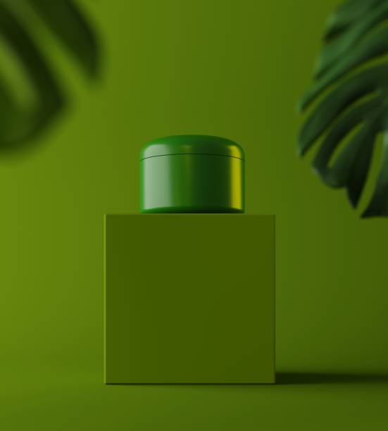 istock Product placement presentation template with green background, eco abstract modern different style, brochure, catalog, book, magazine. 3d illustration 1223551253