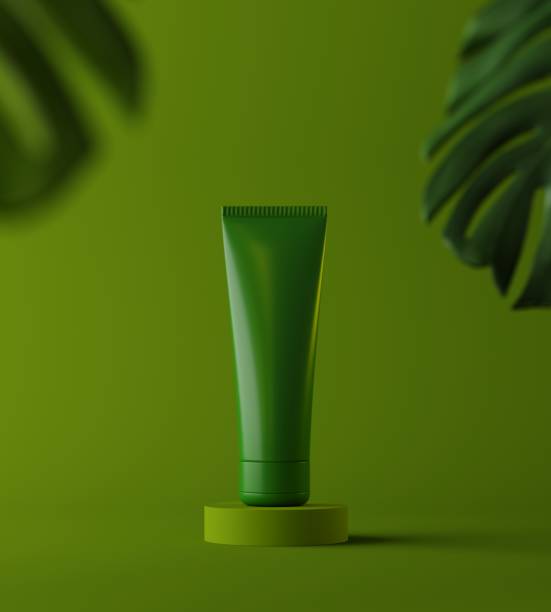 Product placement presentation template with green background, eco abstract modern different style, brochure, catalog, book, magazine. 3d illustration