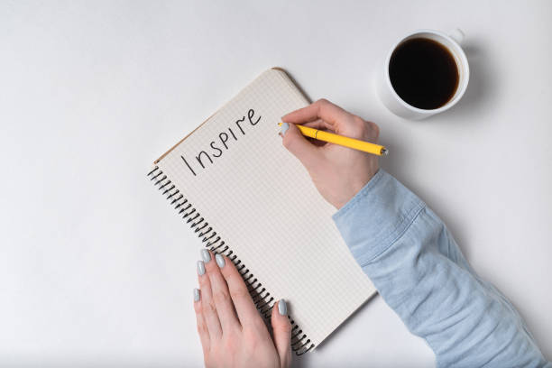 istock INSPIRE inscription. Female writing in Notepad. Coffee and copybook on white background 1223552185
