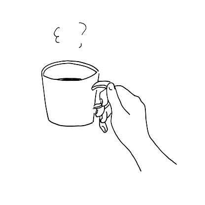 Illustration of a hand holding a cup drawn with a pen