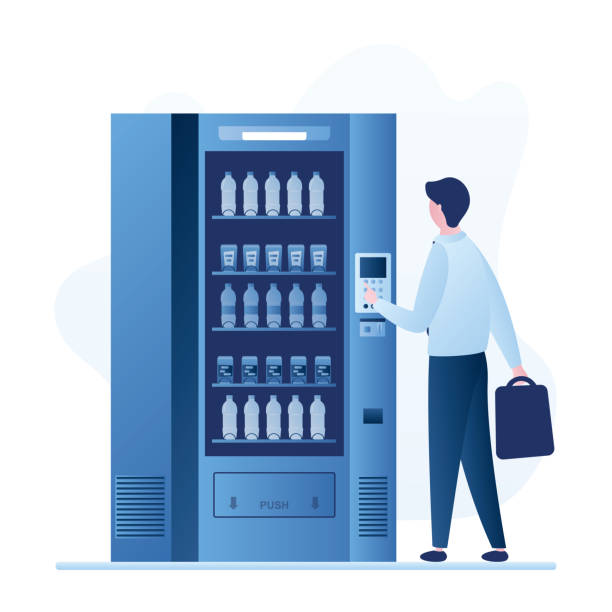 ilustrações, clipart, desenhos animados e ícones de homem de negócios bonito usando máquina de venda automática com bebidas. pedido de caráter masculino e compra de bebidas. - vending machine machine coin operated convenience