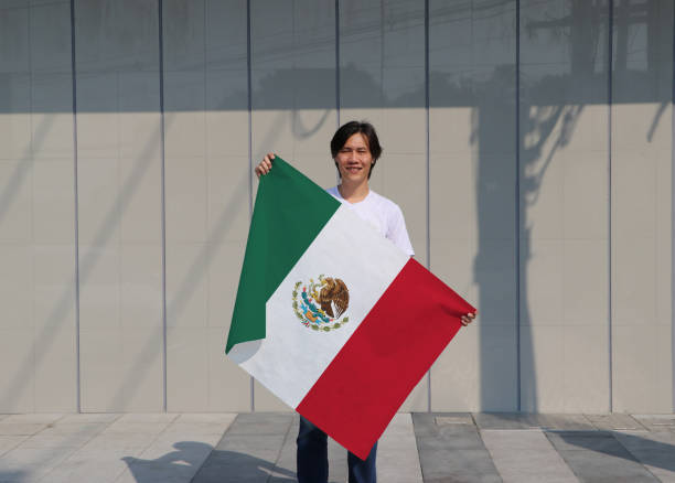istock The man is holding Mexico flag in his hands on grey background. 1223554804