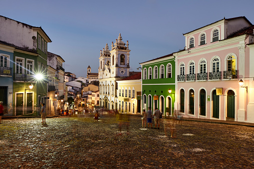 Pelourinho town square at night, in the historic Center of Salvador, Bahia, Brazil.