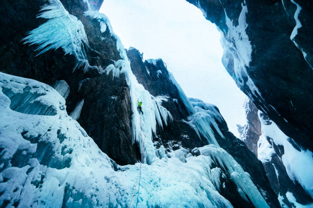 istock Ice climber climbing in Ouray Colorado during winter storm 1223559237