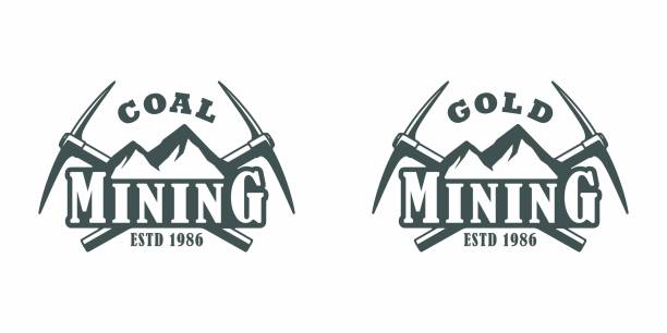 Set of black and white illustrations of mountains, crossed pickaxes and text on a white background. Vector illustration advertises the extraction of gold and coal. Mining company logo. pick axe stock illustrations
