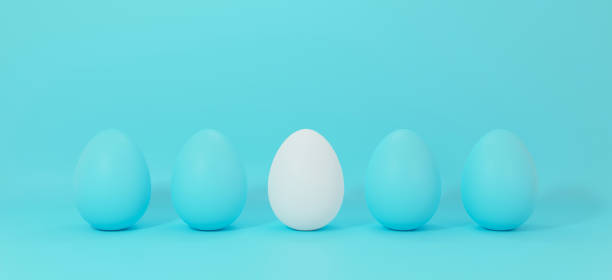 istock Outstanding white egg among other eggs on blue pastel background abstract. 3d rendering. Creative thinking icon. stand out from the crowd and different concept. Minimal easter idea. 1223562506