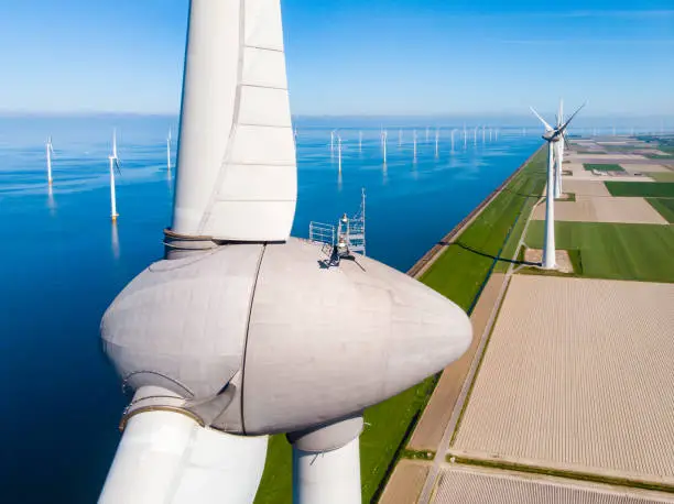 Wind turbine from aerial view, Drone view at windpark westermeerdijk a windmill farm in the lake IJsselmeer the biggest in the Netherlands,Sustainable development, renewable energy, drone view
