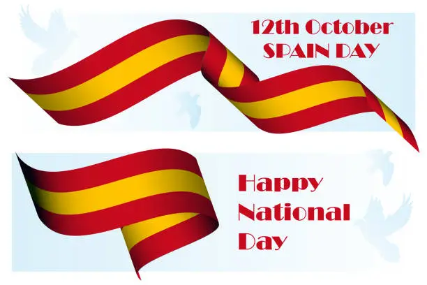 Vector illustration of Spain National Day, 12th of October, patriotic holiday poster template with 3D realistic ribbon colored as Spanish flag and dove as peace symbol for national holiday banner, greeting card Vector art