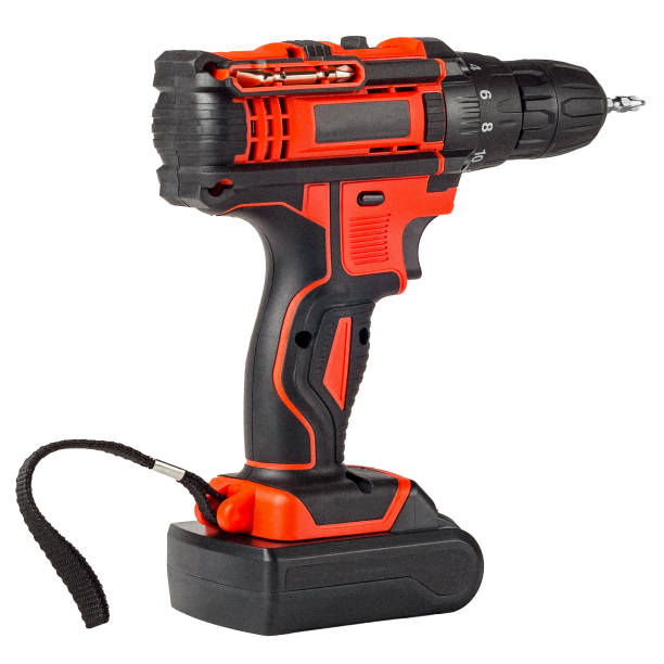 istock Red cordless drill with black decorative trim, screwdriver with battery isolated on a white background 1223565709