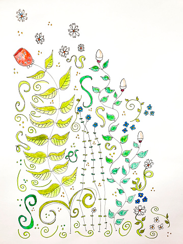 A hand drawn flower drawing with pen and ink and color pencils, creative nature background, line art flowers.