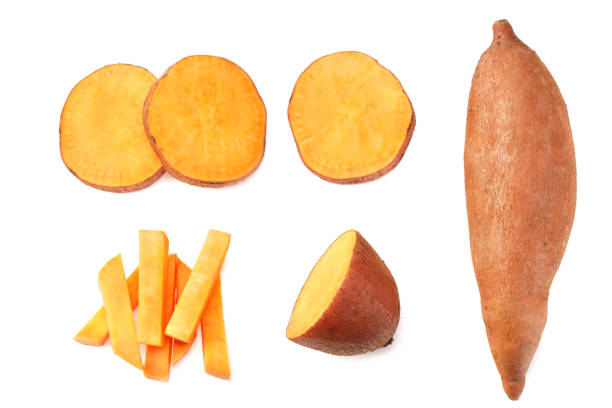 istock sliced sweet potatoes isolated on white background. top view 1223568757