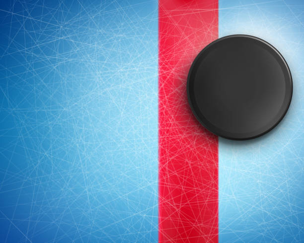 Black rubber puck on the blue ice Vector 3d realistic black rubber puck on the blue ice with traces from skates. Hockey background, mockup for advertising poster, banner. Template for sport event, bets site, competition. hockey stock illustrations