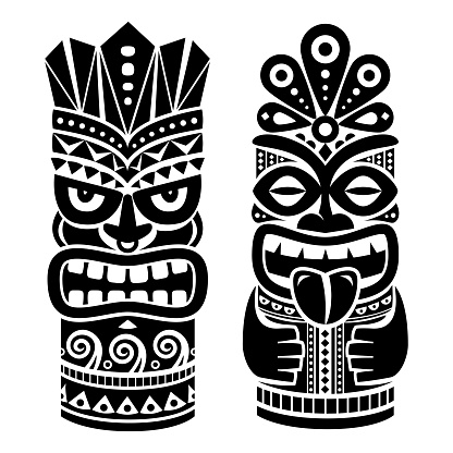 Native Polynesian and Hawaiian two tiki illustration in black on white, gods faces with crowns traditionally carved in wood
