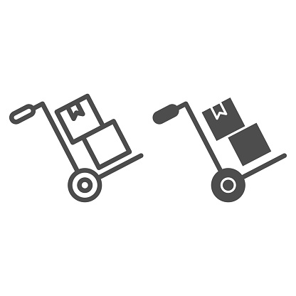 istock Handcart with boxes line and solid icon, delivery and logistics symbol, Cart for cargo transportation vector sign on white background, Hand truck with cardboards icon in outline style. Vector graphic. 1223571815