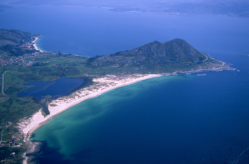 Aerial photo of Monte and lagoon of Louro and Ancoradoiro beach in Galicia Spain