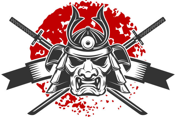 ilustrações, clipart, desenhos animados e ícones de emblema com capacete samurai e espadas katana cruzadas. elemento de design para etiqueta, sinal, pôster, camiseta. ilustração vetorial - blade war traditional culture japanese culture