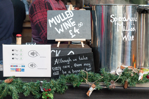 Mulled Wine in Borough Market, London, costing £4, with several card payment options including Visa and MasterCard