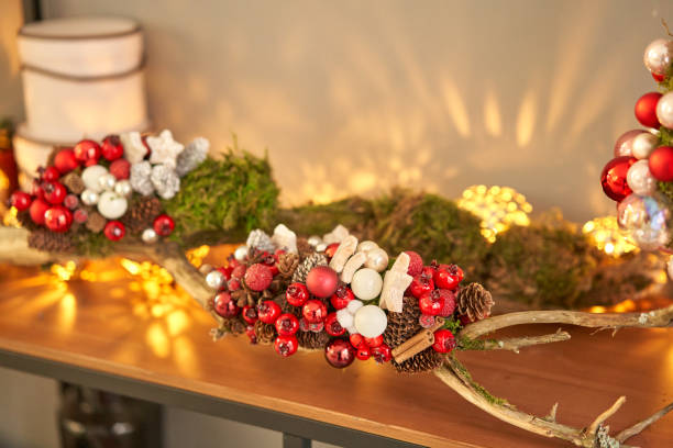 istock Closeup Christmas arrangement. Master class on making decorative ornaments. Christmas decor with their own hands. The new year celebration. Flower shop 1223581842