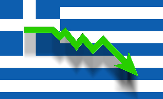 Green graphic arrow moving down on Greece flag. Horizontal composition with copy space. Economy and finance concept