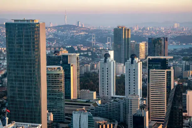 Aerial View of Istanbul's Modern Financial District after Sunset - Istanbul, Turkey