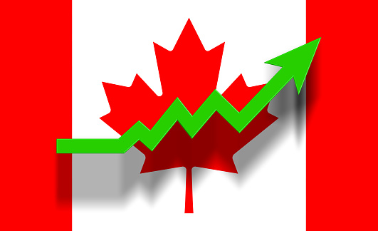 Green success graphic arrow moving up on Canadian flag. Horizontal composition with copy space. Economy and finance concept