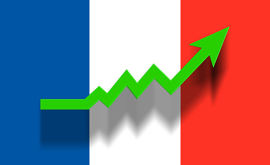 Green success graphic arrow moving up on French flag. Horizontal composition with copy space. Economy and finance concept