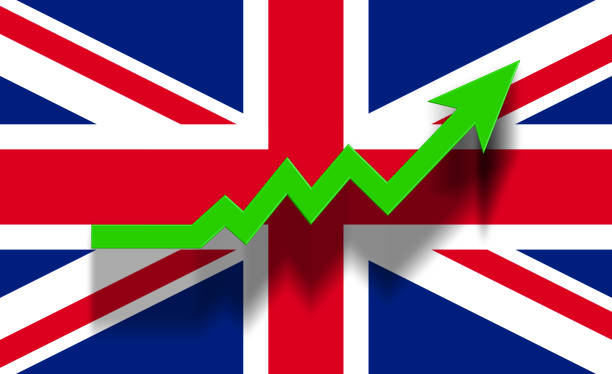 freccia grafica di successo verde che si muove verso l'alto sulla bandiera britannica - british flag currency banking uk foto e immagini stock