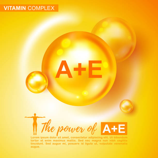 Vitamin complex sign, symbol. Vector illustration. Vitamin A+E gold shining pill capsule icon. Chemical formula, tocotrienols, retinol, retinal. Vitamin A, E. Shining golden substance drop Vitamin complex sign, symbol. Vector illustration. Vitamin A+E gold shining pill capsule icon. Chemical formula, tocotrienols, retinol, retinal. Vitamin A, E. Shining golden substance drop vitamin a nutrient stock illustrations