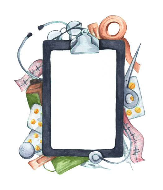Writing pad paper clip board. Frame on the theme of health. Space for your text. Writing pad paper clip board. Frame on the theme of health. Space for your text. Medical equipment, medicines . Flat lay watercolor objects isolated on white background. nurse borders stock illustrations