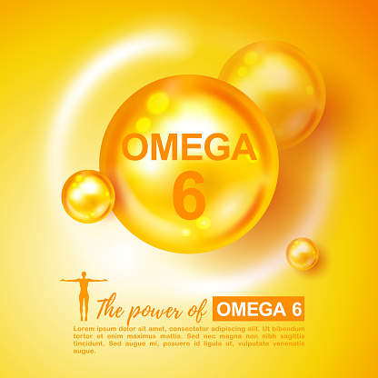 Vitamin sign, symbol. Vector illustration. Omega-6 Fatty Acids gold shining pill capsule icon. Dietary supplement. Omega 6 concept.  Omega 6 design