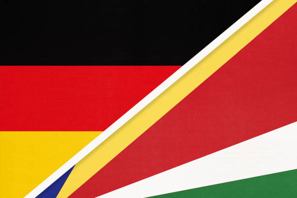 istock Germany vs Seychelles, symbol of two national flags. Relationship between European and African countries. 1223584586