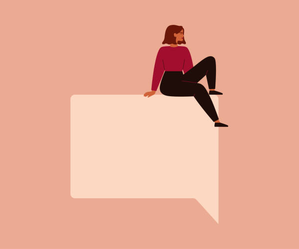 Young Caucasian woman sits on a big speech square bubble. Young Caucasian woman sits on a big speech square bubble. Free speech concept. Vector illustration courage illustrations stock illustrations