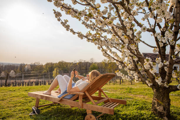 istock Woman using mobile phone in lounge chair under cherry blossom 1223584926