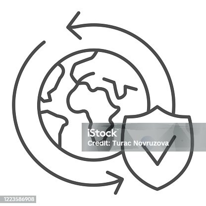 istock Planet with arrows and shield thin line icon, logistic and delivery symbol, Global safety exchange vector sign on white background, worldwide delivery globe icon in outline. Vector graphics. 1223586908
