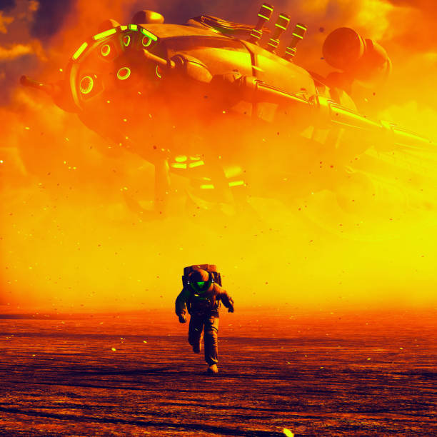 Astronaut running away from giant alien ship,3d rendering