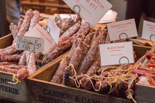 Black Olive Charcuterie in Borough Market, London, from the company Cannon & Cannon, the name of which can be seen on the side of the crate and on the name label