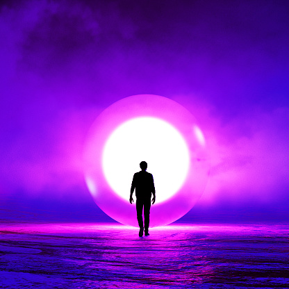 Man walking in to a circle of light,3d rendering