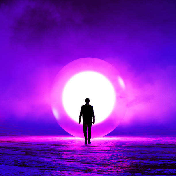 man walking in to a circle of light,3d rendering - spirituality eyesight space abstract imagens e fotografias de stock